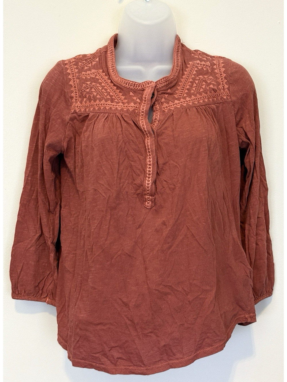 Lucky Brand Womens XS Top Embroidered Peasant Rust Terracotta Boho Blouse NWOT